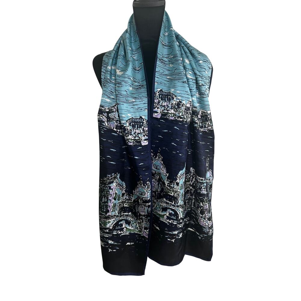 Talbots Silk Scarf Blue Venice Italy Canal Scenic Prin Oversized Luxury - Picture 6 of 11